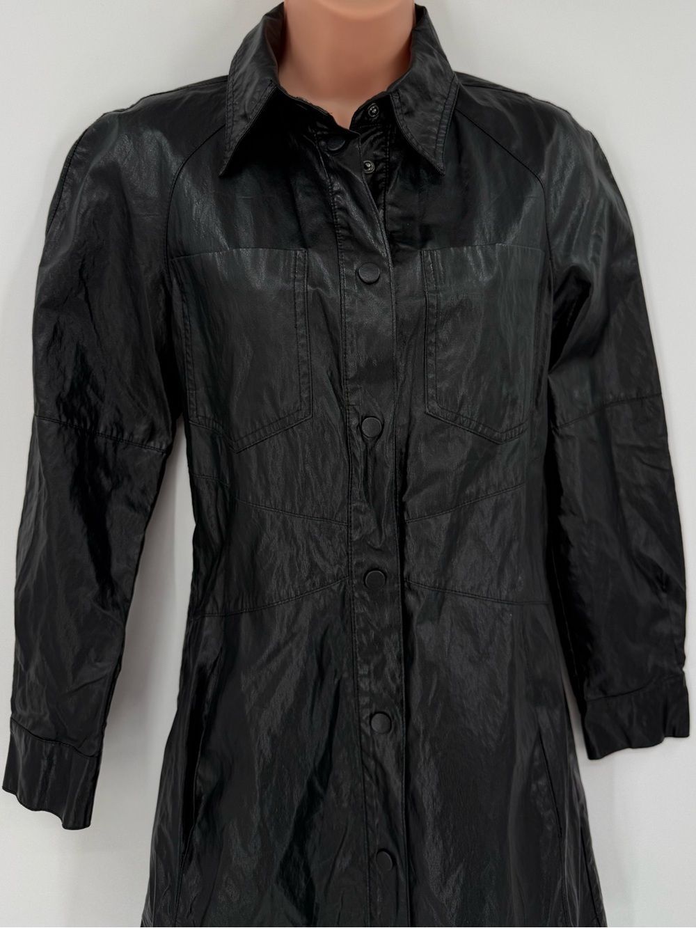 Zara Faux Leather Button Down Shirt Dress Snap Front | Black | XS - Picture 6 of 9